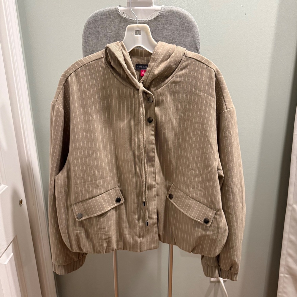 Vince Camuto Pinstripe Hooded Jacket L Toffee Slouchy Utility 91226517 $149